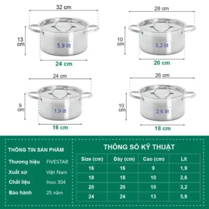 Alternative view of Bộ 4 nồi 3 lớp inox 304 Fivestar nắp inox